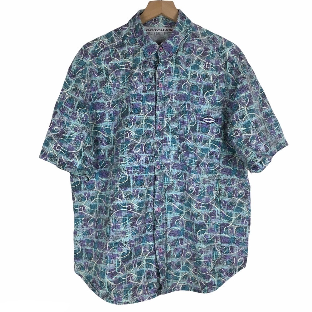 VINTAGE Gotcha Shirt Button Up 80s 90s Skate Surf Retro Tie Dye Geo Size Medium